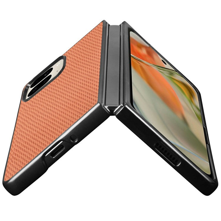 For Google Pixel 9 Pro Fold 5G Case Carbon Fiber Texture PU Leather Coated PC Folding Phone Cover - Brown