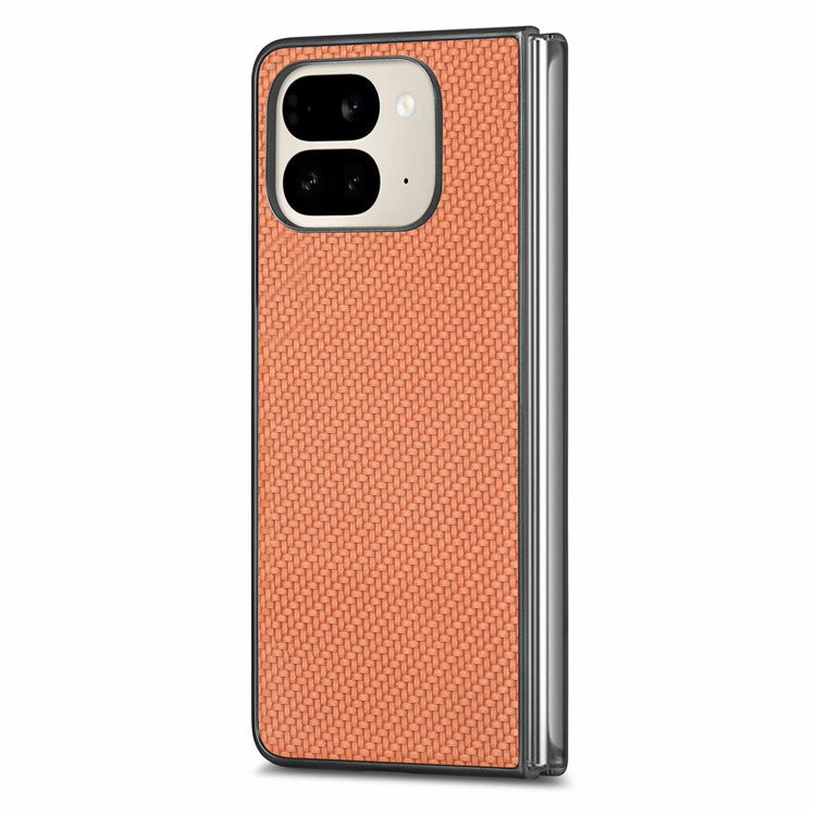 For Google Pixel 9 Pro Fold 5G Case Carbon Fiber Texture PU Leather Coated PC Folding Phone Cover - Brown