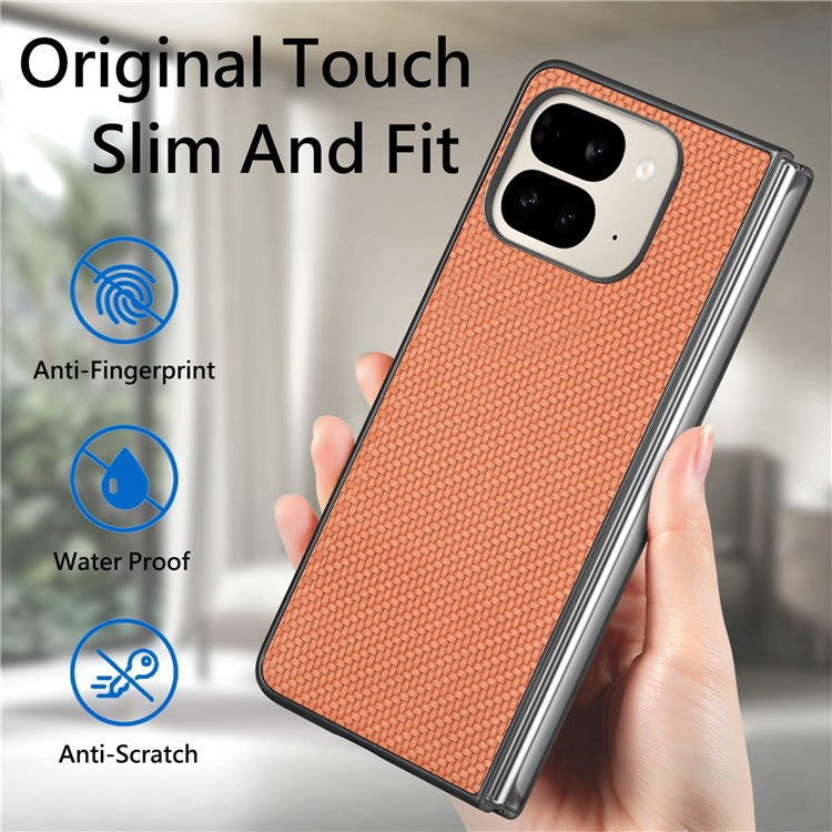 For Google Pixel 9 Pro Fold 5G Case Carbon Fiber Texture PU Leather Coated PC Folding Phone Cover - Brown