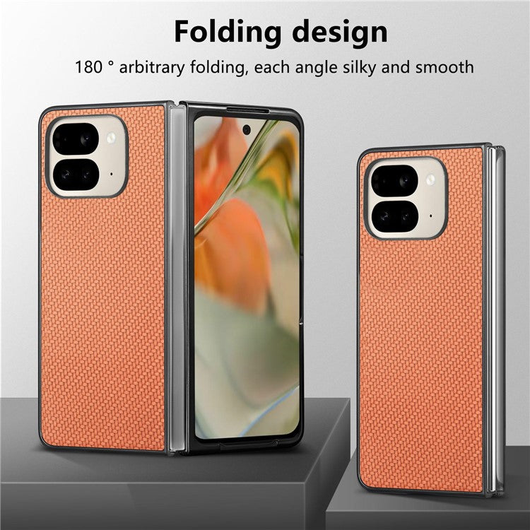 For Google Pixel 9 Pro Fold 5G Case Carbon Fiber Texture PU Leather Coated PC Folding Phone Cover - Brown