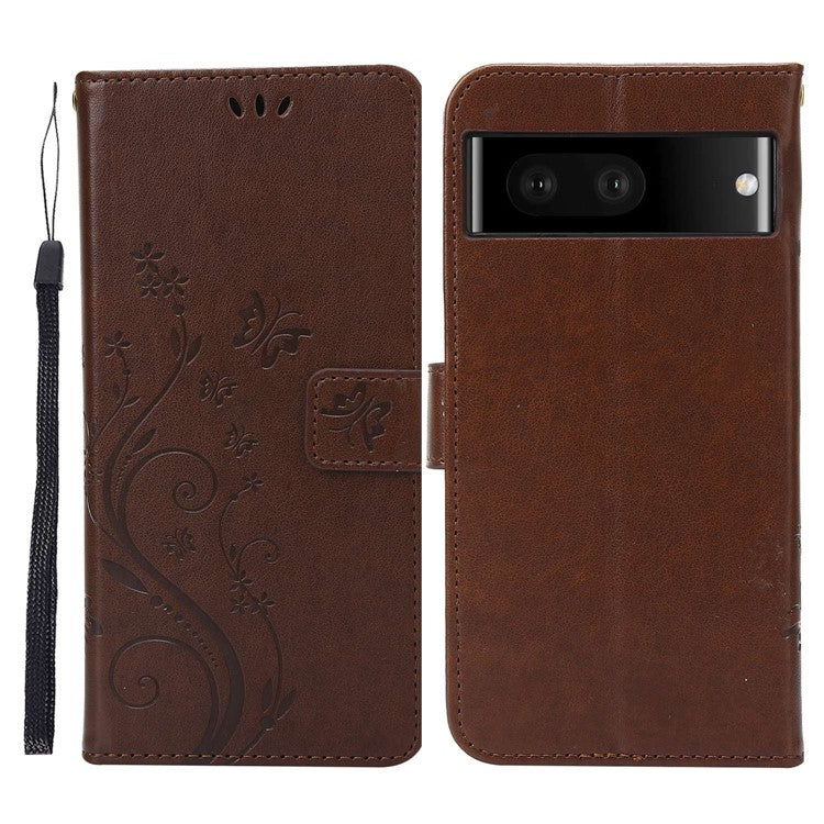 For Google Pixel 7 5G Anti-scratch Dustproof Phone Cover Wallet Stand PU Leather Imprinting Flower Butterflies Cell Phone Case - Brown