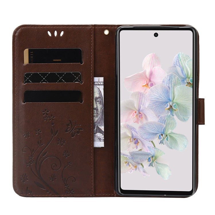 For Google Pixel 7 5G Anti-scratch Dustproof Phone Cover Wallet Stand PU Leather Imprinting Flower Butterflies Cell Phone Case - Brown