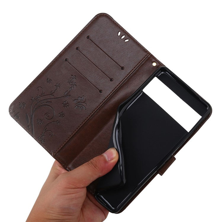 For Google Pixel 7 5G Anti-scratch Dustproof Phone Cover Wallet Stand PU Leather Imprinting Flower Butterflies Cell Phone Case - Brown