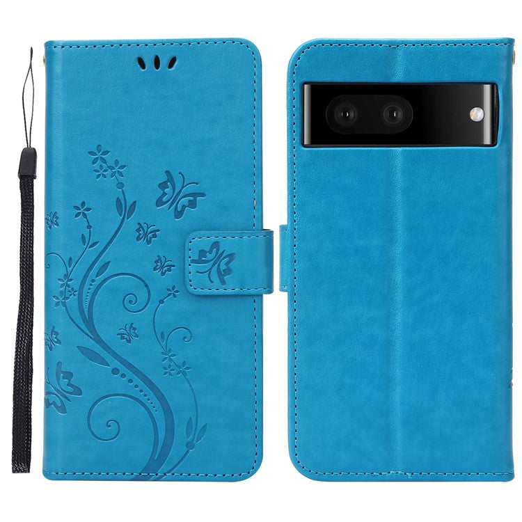 For Google Pixel 7 5G Anti-scratch Dustproof Phone Cover Wallet Stand PU Leather Imprinting Flower Butterflies Cell Phone Case - Blue