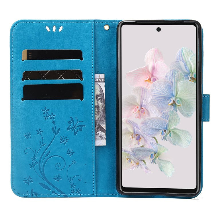 For Google Pixel 7 5G Anti-scratch Dustproof Phone Cover Wallet Stand PU Leather Imprinting Flower Butterflies Cell Phone Case - Blue