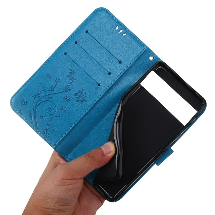 For Google Pixel 7 5G Anti-scratch Dustproof Phone Cover Wallet Stand PU Leather Imprinting Flower Butterflies Cell Phone Case - Blue