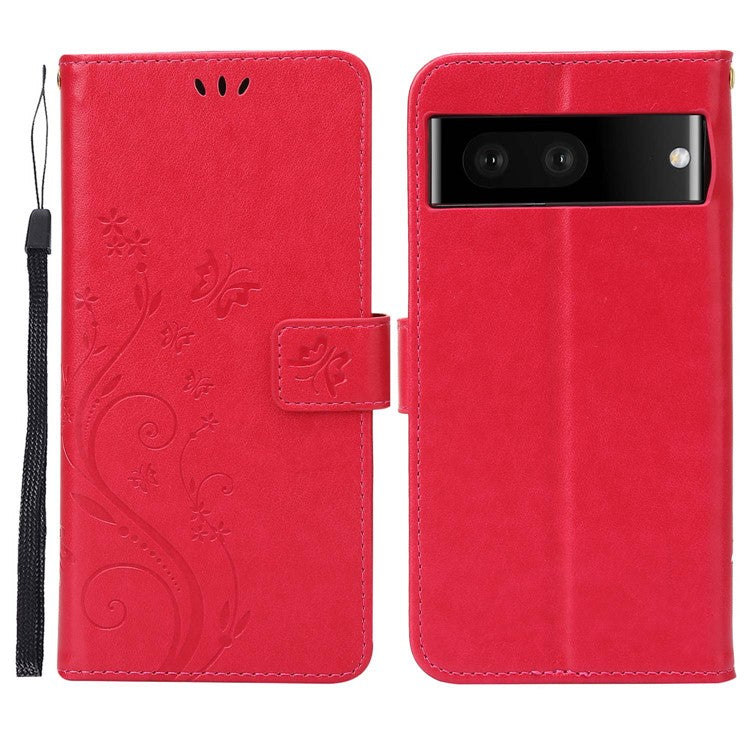 For Google Pixel 7 5G Anti-scratch Dustproof Phone Cover Wallet Stand PU Leather Imprinting Flower Butterflies Cell Phone Case - Red