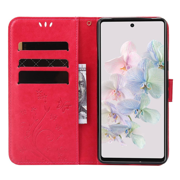 For Google Pixel 7 5G Anti-scratch Dustproof Phone Cover Wallet Stand PU Leather Imprinting Flower Butterflies Cell Phone Case - Red