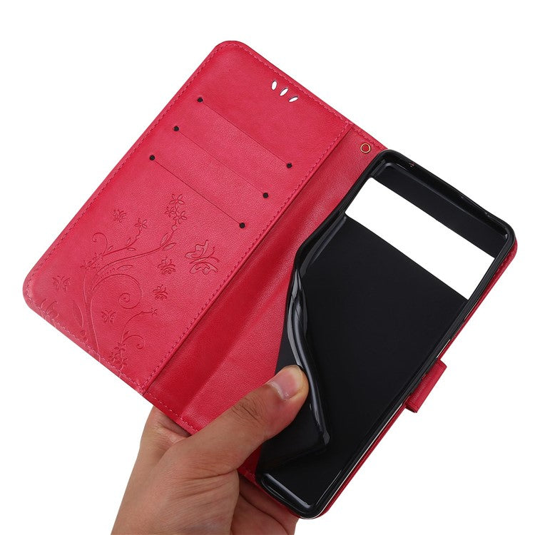 For Google Pixel 7 5G Anti-scratch Dustproof Phone Cover Wallet Stand PU Leather Imprinting Flower Butterflies Cell Phone Case - Red