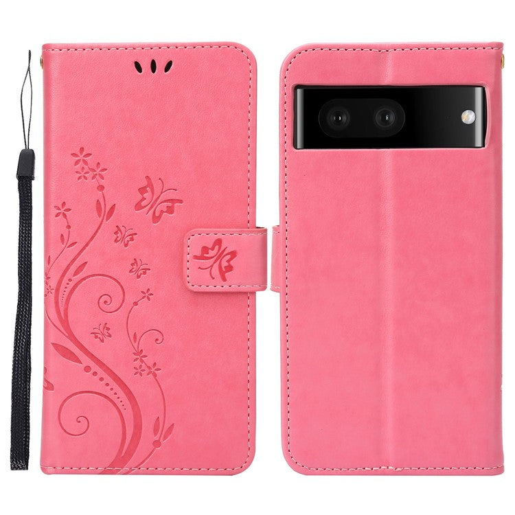 For Google Pixel 7 5G Anti-scratch Dustproof Phone Cover Wallet Stand PU Leather Imprinting Flower Butterflies Cell Phone Case - Pink