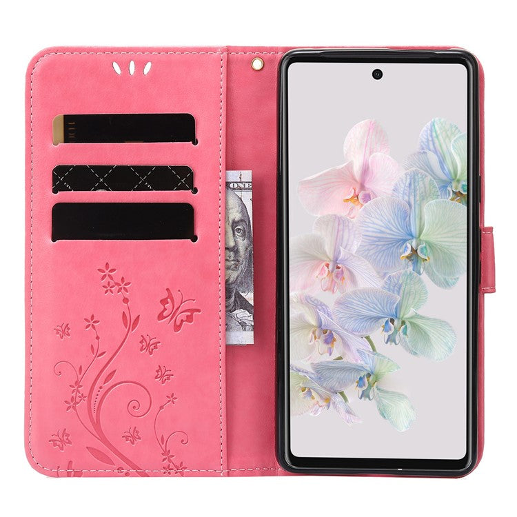 For Google Pixel 7 5G Anti-scratch Dustproof Phone Cover Wallet Stand PU Leather Imprinting Flower Butterflies Cell Phone Case - Pink