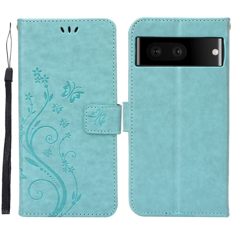 For Google Pixel 7 5G Anti-scratch Dustproof Phone Cover Wallet Stand PU Leather Imprinting Flower Butterflies Cell Phone Case - Baby Blue