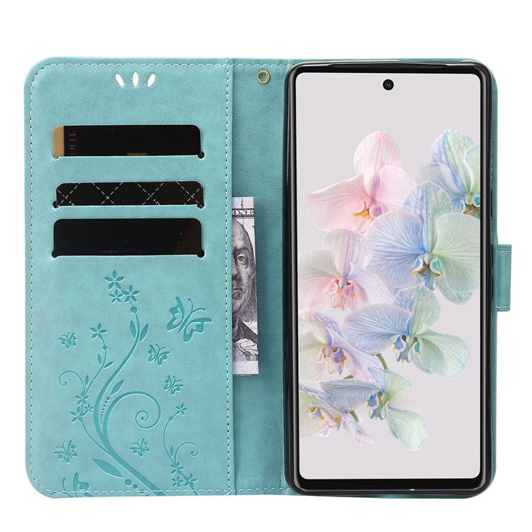 For Google Pixel 7 5G Anti-scratch Dustproof Phone Cover Wallet Stand PU Leather Imprinting Flower Butterflies Cell Phone Case - Baby Blue