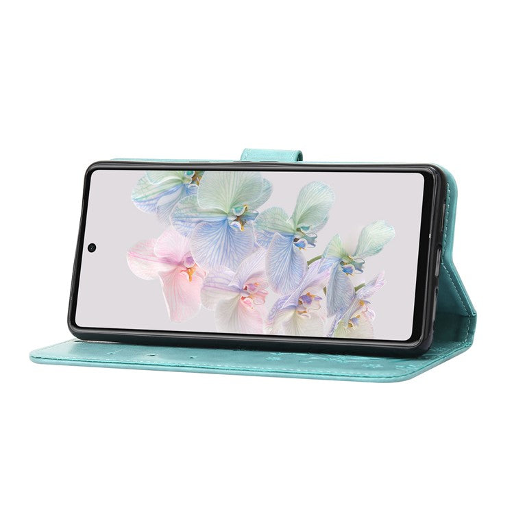 For Google Pixel 7 5G Anti-scratch Dustproof Phone Cover Wallet Stand PU Leather Imprinting Flower Butterflies Cell Phone Case - Baby Blue