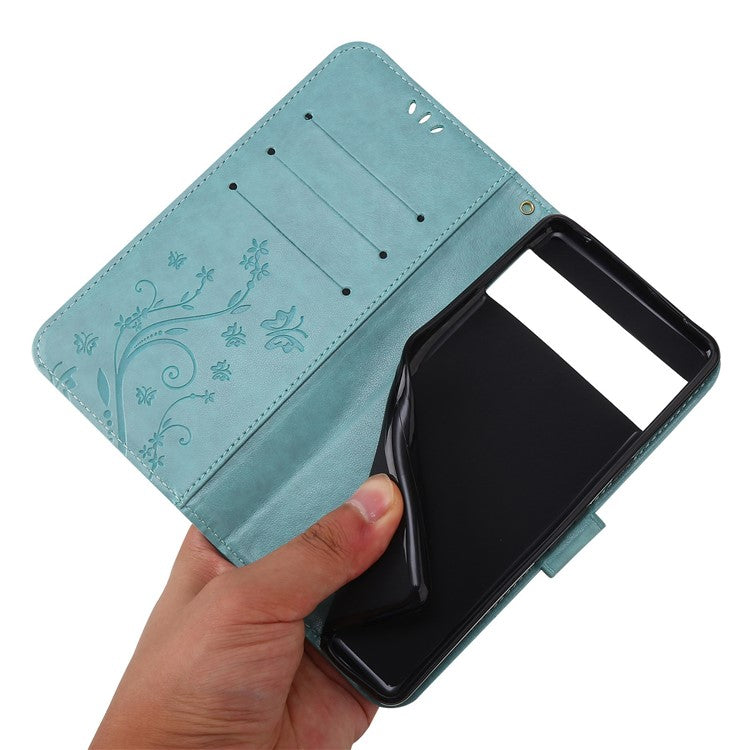 For Google Pixel 7 5G Anti-scratch Dustproof Phone Cover Wallet Stand PU Leather Imprinting Flower Butterflies Cell Phone Case - Baby Blue