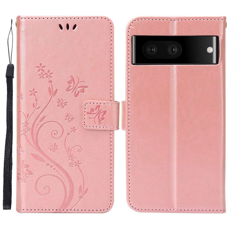 For Google Pixel 7 5G Anti-scratch Dustproof Phone Cover Wallet Stand PU Leather Imprinting Flower Butterflies Cell Phone Case - Rose Gold