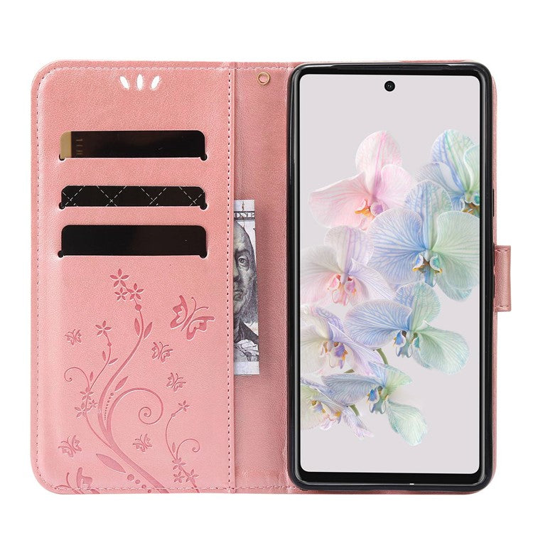 For Google Pixel 7 5G Anti-scratch Dustproof Phone Cover Wallet Stand PU Leather Imprinting Flower Butterflies Cell Phone Case - Rose Gold