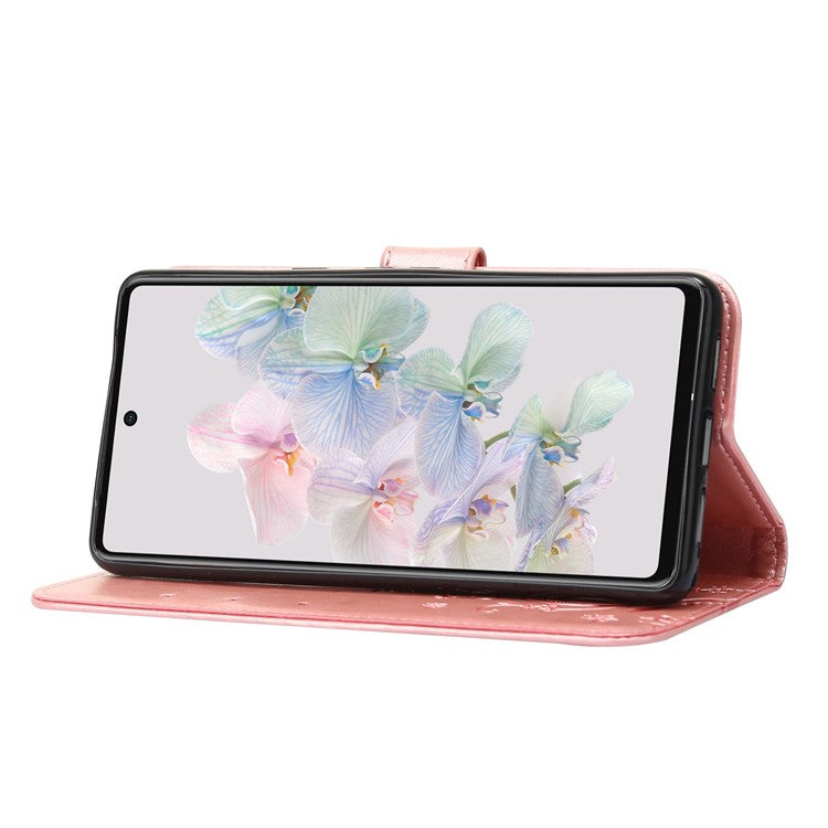 For Google Pixel 7 5G Anti-scratch Dustproof Phone Cover Wallet Stand PU Leather Imprinting Flower Butterflies Cell Phone Case - Rose Gold