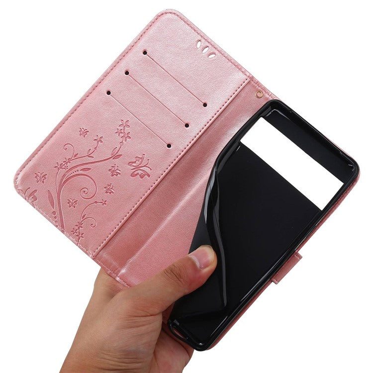 For Google Pixel 7 5G Anti-scratch Dustproof Phone Cover Wallet Stand PU Leather Imprinting Flower Butterflies Cell Phone Case - Rose Gold