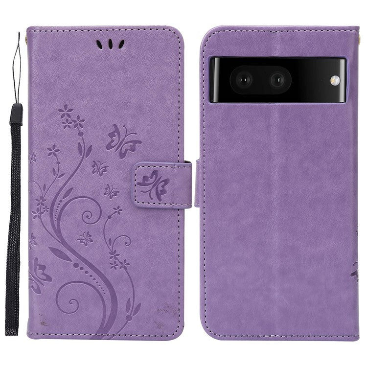 For Google Pixel 7 5G Anti-scratch Dustproof Phone Cover Wallet Stand PU Leather Imprinting Flower Butterflies Cell Phone Case - Light Purple