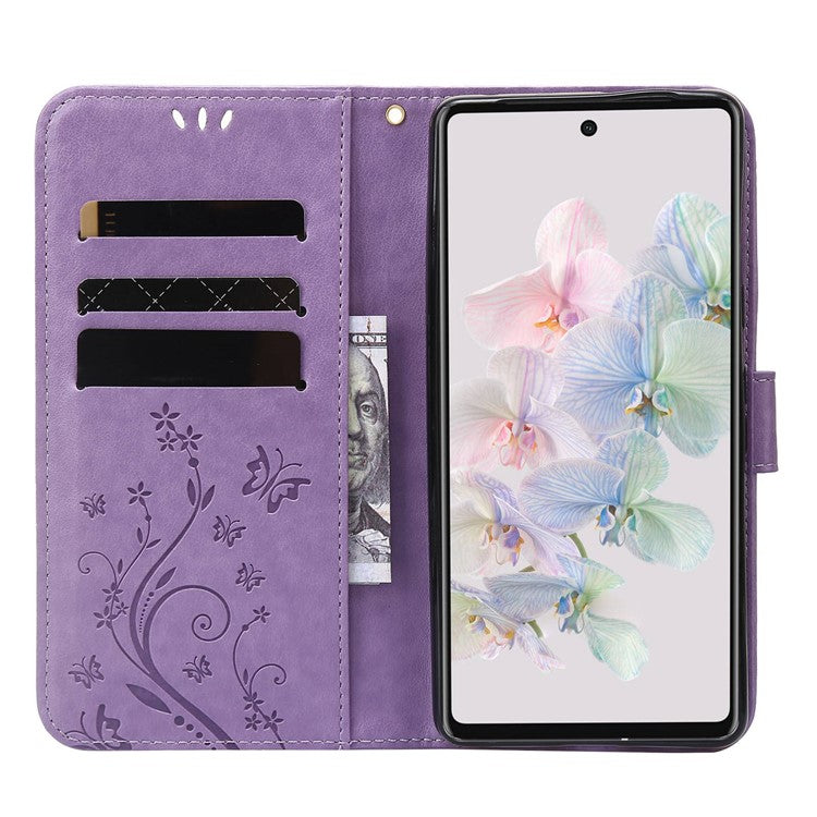 For Google Pixel 7 5G Anti-scratch Dustproof Phone Cover Wallet Stand PU Leather Imprinting Flower Butterflies Cell Phone Case - Light Purple