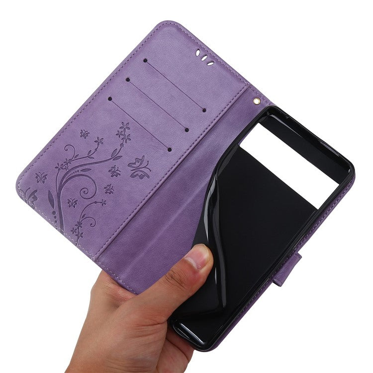 For Google Pixel 7 5G Anti-scratch Dustproof Phone Cover Wallet Stand PU Leather Imprinting Flower Butterflies Cell Phone Case - Light Purple