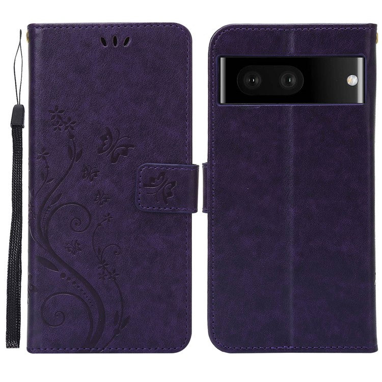 For Google Pixel 7 5G Anti-scratch Dustproof Phone Cover Wallet Stand PU Leather Imprinting Flower Butterflies Cell Phone Case - Dark Purple