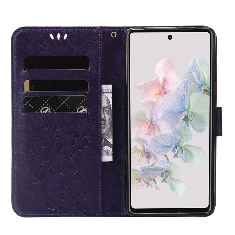 For Google Pixel 7 5G Anti-scratch Dustproof Phone Cover Wallet Stand PU Leather Imprinting Flower Butterflies Cell Phone Case - Dark Purple