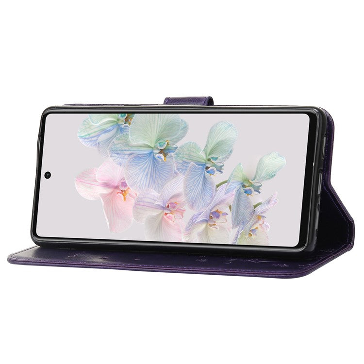 For Google Pixel 7 5G Anti-scratch Dustproof Phone Cover Wallet Stand PU Leather Imprinting Flower Butterflies Cell Phone Case - Dark Purple