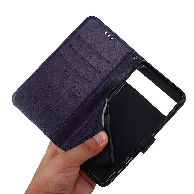 For Google Pixel 7 5G Anti-scratch Dustproof Phone Cover Wallet Stand PU Leather Imprinting Flower Butterflies Cell Phone Case - Dark Purple