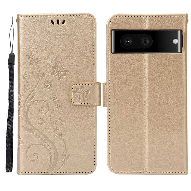 For Google Pixel 7 5G Anti-scratch Dustproof Phone Cover Wallet Stand PU Leather Imprinting Flower Butterflies Cell Phone Case - Gold