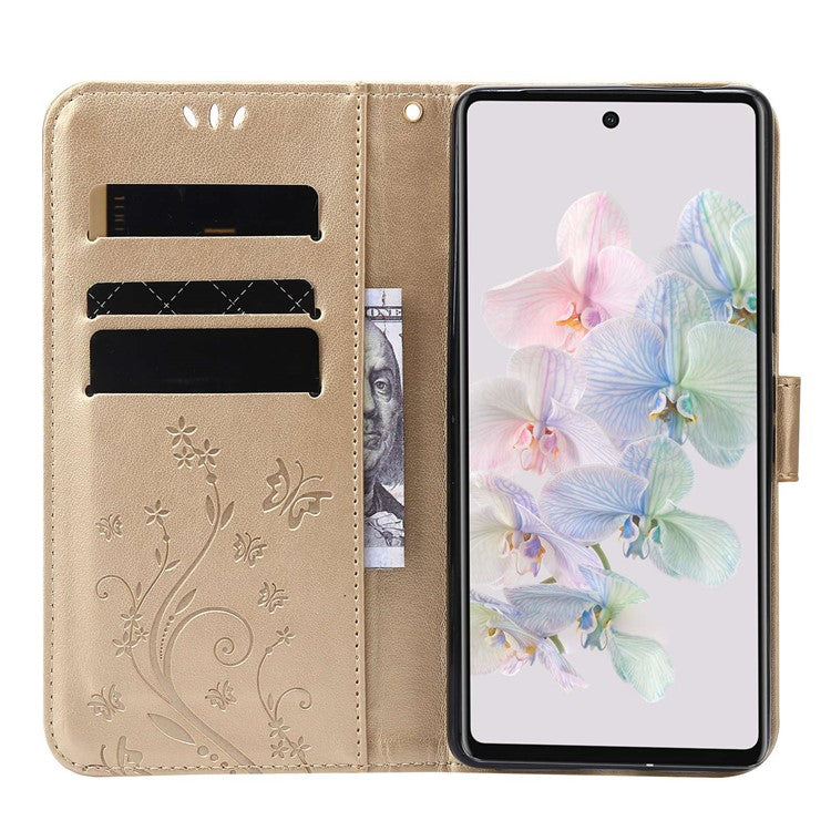 For Google Pixel 7 5G Anti-scratch Dustproof Phone Cover Wallet Stand PU Leather Imprinting Flower Butterflies Cell Phone Case - Gold