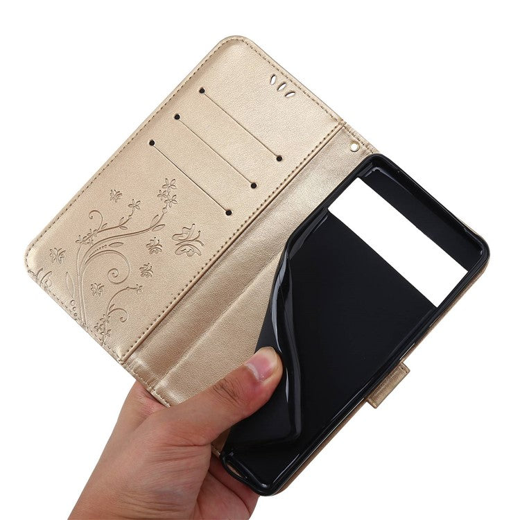 For Google Pixel 7 5G Anti-scratch Dustproof Phone Cover Wallet Stand PU Leather Imprinting Flower Butterflies Cell Phone Case - Gold