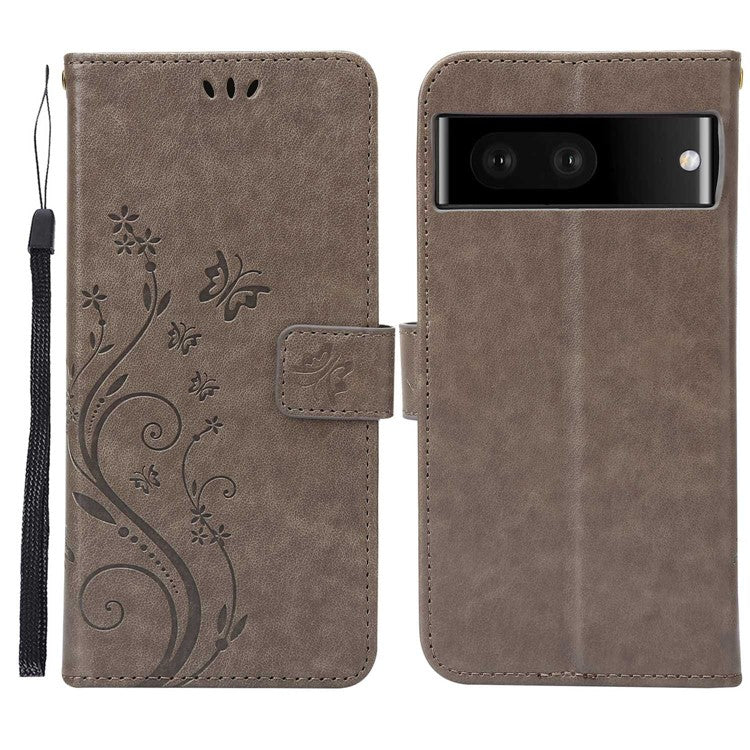 For Google Pixel 7 5G Anti-scratch Dustproof Phone Cover Wallet Stand PU Leather Imprinting Flower Butterflies Cell Phone Case - Grey