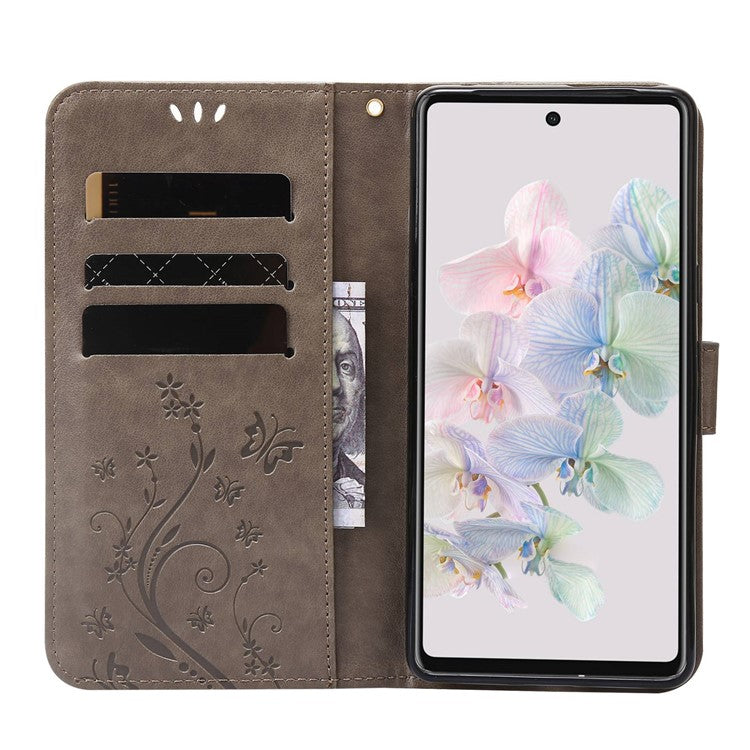 For Google Pixel 7 5G Anti-scratch Dustproof Phone Cover Wallet Stand PU Leather Imprinting Flower Butterflies Cell Phone Case - Grey