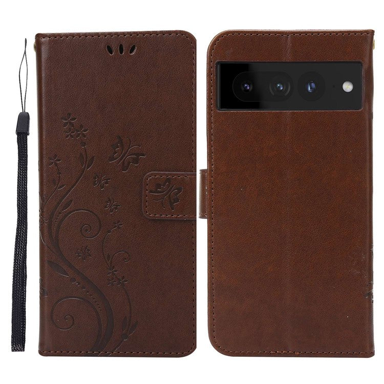 For Google Pixel 7 Pro Wallet Stand PU Leather Imprinting Flower Butterflies Case Full Protection Inner TPU Phone Cover with Strap - Brown