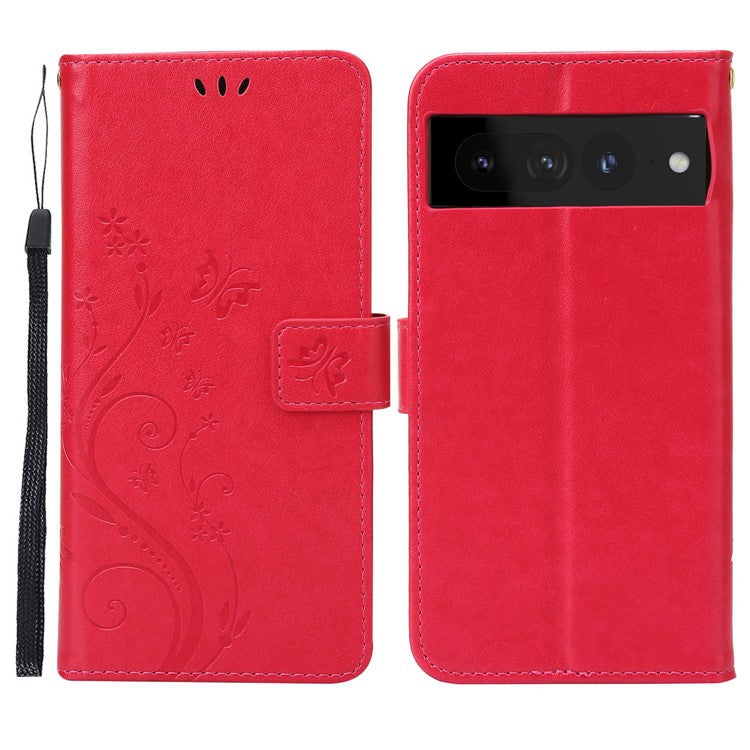 For Google Pixel 7 Pro Wallet Stand PU Leather Imprinting Flower Butterflies Case Full Protection Inner TPU Phone Cover with Strap - Red