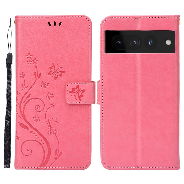 For Google Pixel 7 Pro Wallet Stand PU Leather Imprinting Flower Butterflies Case Full Protection Inner TPU Phone Cover with Strap - Pink