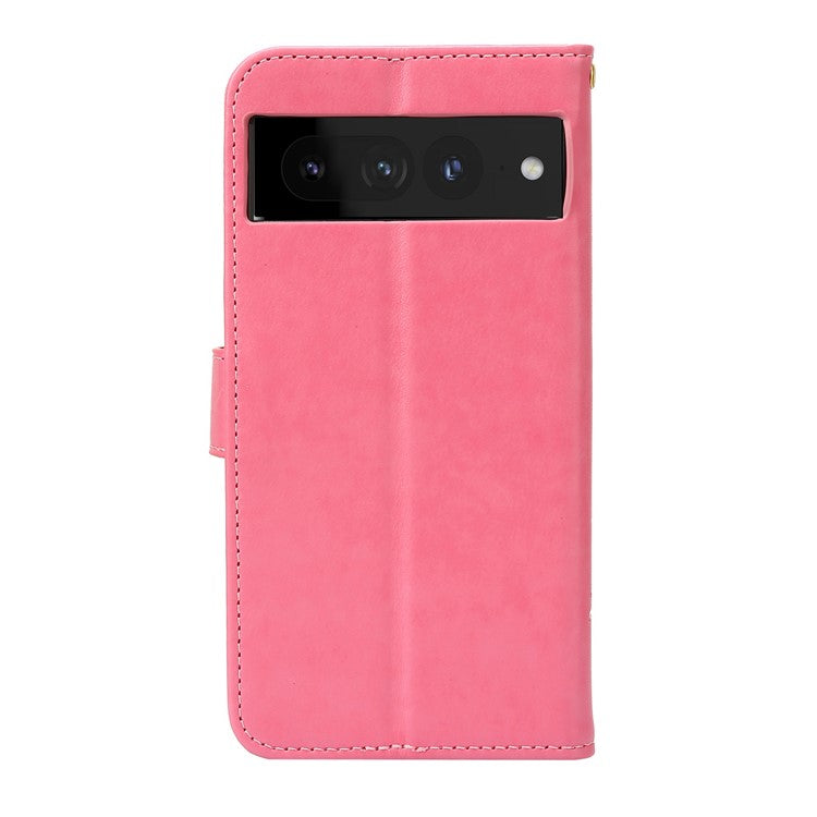 For Google Pixel 7 Pro Wallet Stand PU Leather Imprinting Flower Butterflies Case Full Protection Inner TPU Phone Cover with Strap - Pink