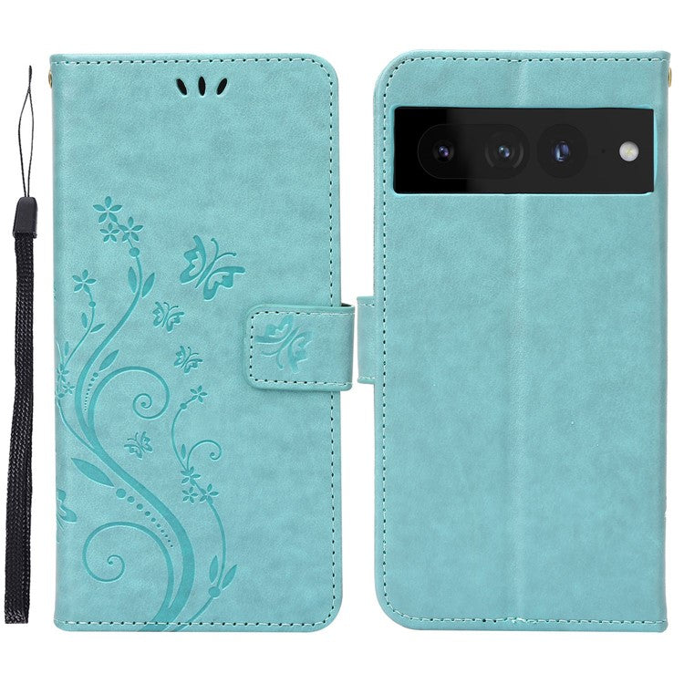 For Google Pixel 7 Pro Wallet Stand PU Leather Imprinting Flower Butterflies Case Full Protection Inner TPU Phone Cover with Strap - Baby Blue