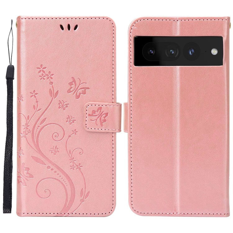 For Google Pixel 7 Pro Wallet Stand PU Leather Imprinting Flower Butterflies Case Full Protection Inner TPU Phone Cover with Strap - Rose Gold