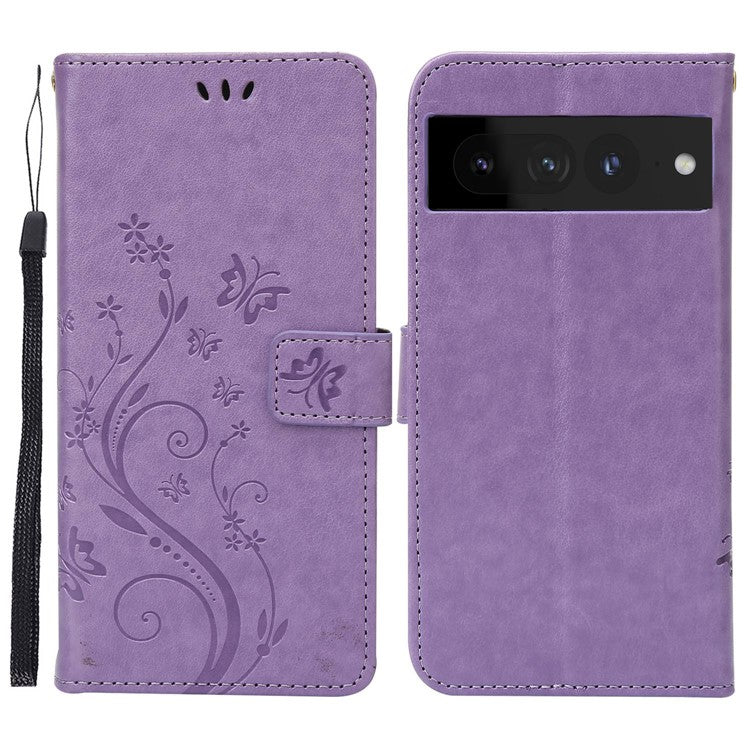 For Google Pixel 7 Pro Wallet Stand PU Leather Imprinting Flower Butterflies Case Full Protection Inner TPU Phone Cover with Strap - Light Purple