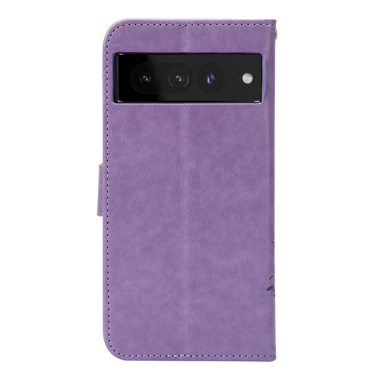 For Google Pixel 7 Pro Wallet Stand PU Leather Imprinting Flower Butterflies Case Full Protection Inner TPU Phone Cover with Strap - Light Purple