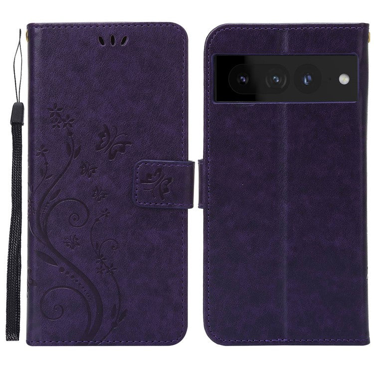 For Google Pixel 7 Pro Wallet Stand PU Leather Imprinting Flower Butterflies Case Full Protection Inner TPU Phone Cover with Strap - Dark Purple