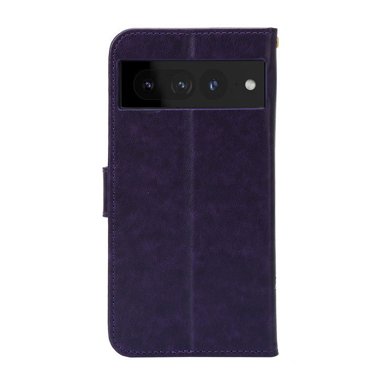 For Google Pixel 7 Pro Wallet Stand PU Leather Imprinting Flower Butterflies Case Full Protection Inner TPU Phone Cover with Strap - Dark Purple