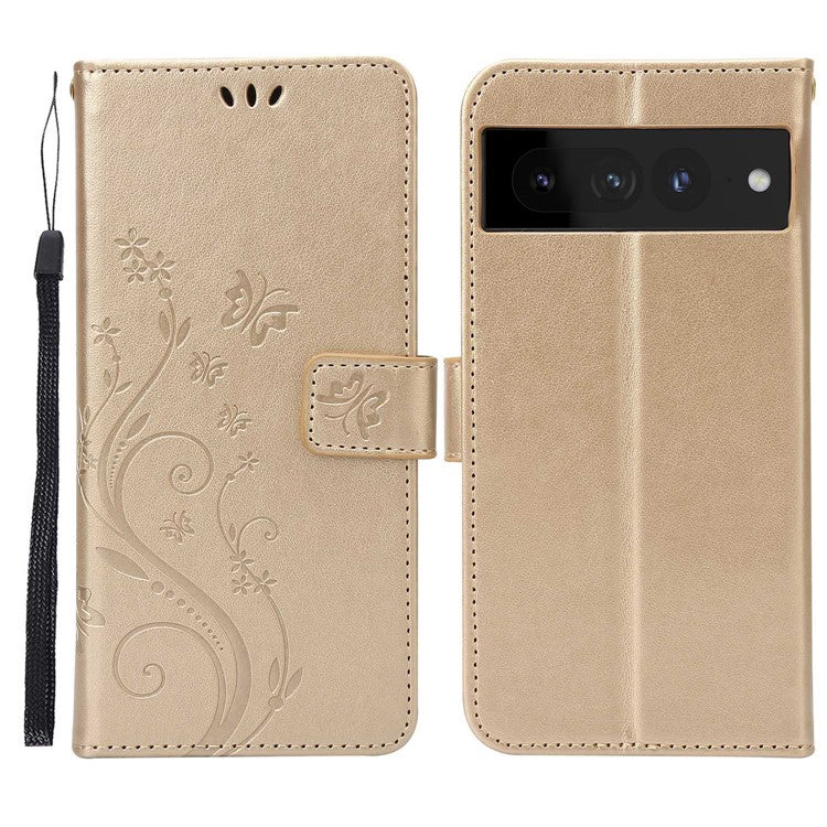 For Google Pixel 7 Pro Wallet Stand PU Leather Imprinting Flower Butterflies Case Full Protection Inner TPU Phone Cover with Strap - Gold