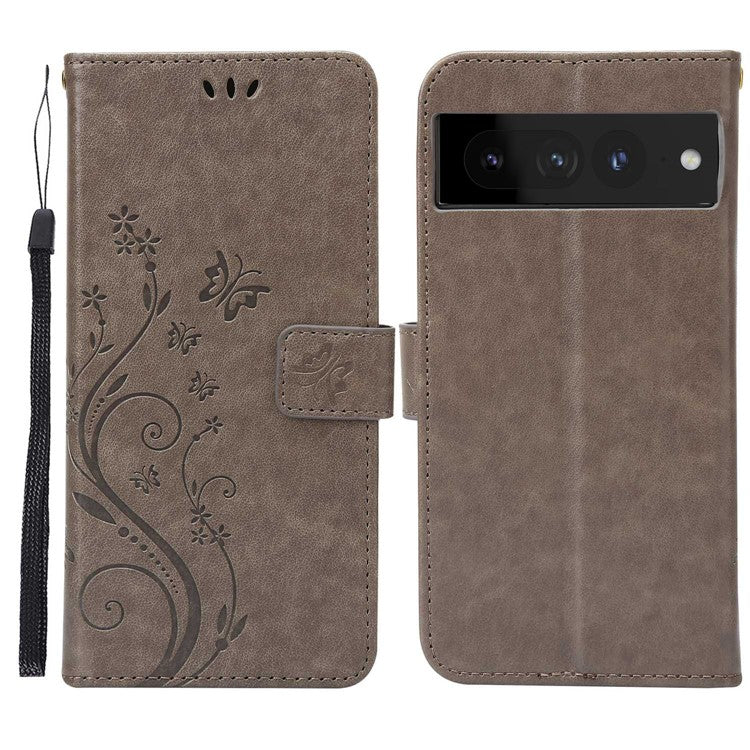 For Google Pixel 7 Pro Wallet Stand PU Leather Imprinting Flower Butterflies Case Full Protection Inner TPU Phone Cover with Strap - Grey