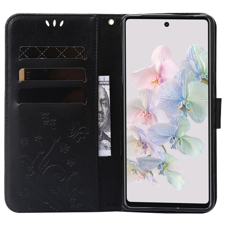 For Google Pixel 7 Pro Wallet Stand PU Leather Imprinting Flower Butterflies Case Full Protection Inner TPU Phone Cover with Strap - Black