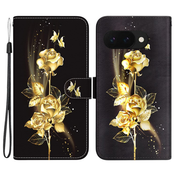 For Google Pixel 9a Wallet Phone Case Anti-Drop Leather Flip Cover Pattern Printing - Gold Butterfly Rose