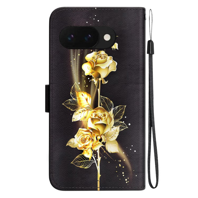 For Google Pixel 9a Wallet Phone Case Anti-Drop Leather Flip Cover Pattern Printing - Gold Butterfly Rose